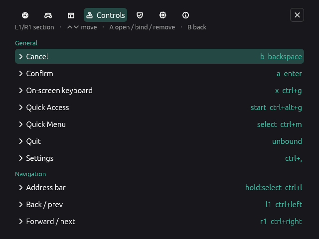 The button bindings: each browser action with its gamepad and keyboard gestures